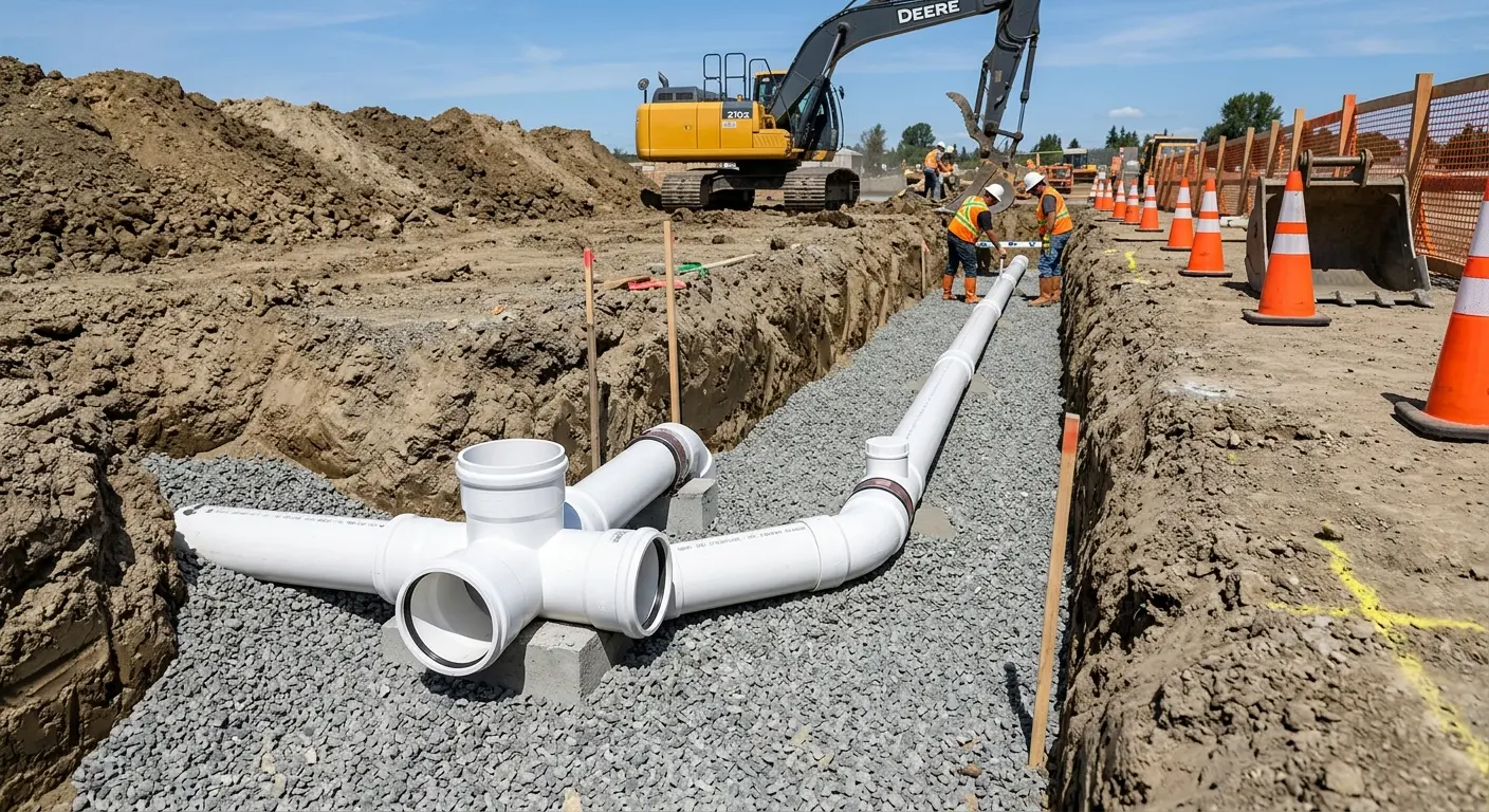 New PVC sewer pipe installation in open trench for Sewer Backup in Augusta